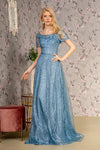 Mother of the Bride Dresses Metallic Long Drape Mother of the Bride Dress Smoky Blue