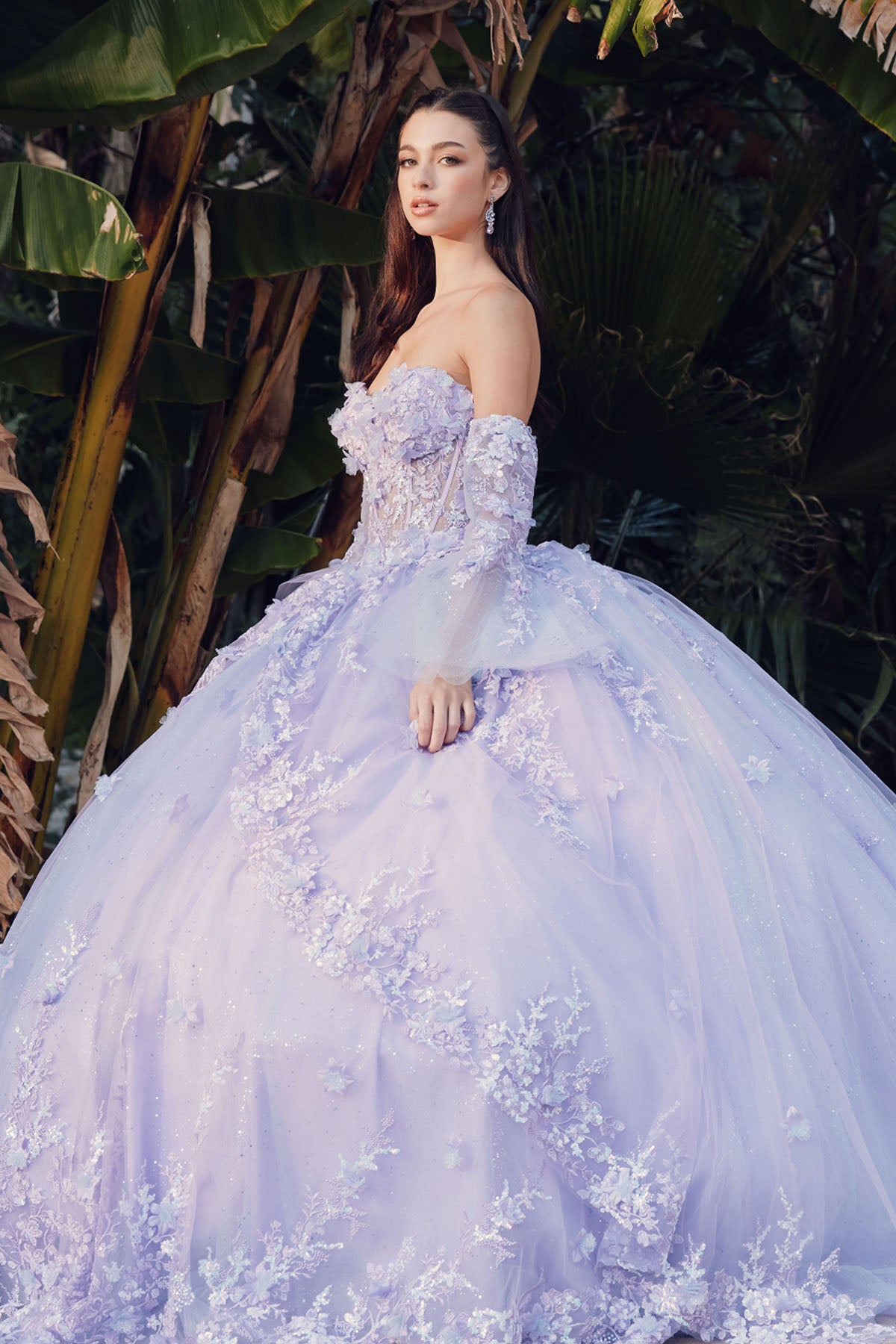 Quinceniera Dresses  3D Floral Corset With Matching Lace Gloves Quinceanera Ball Gown Lilac