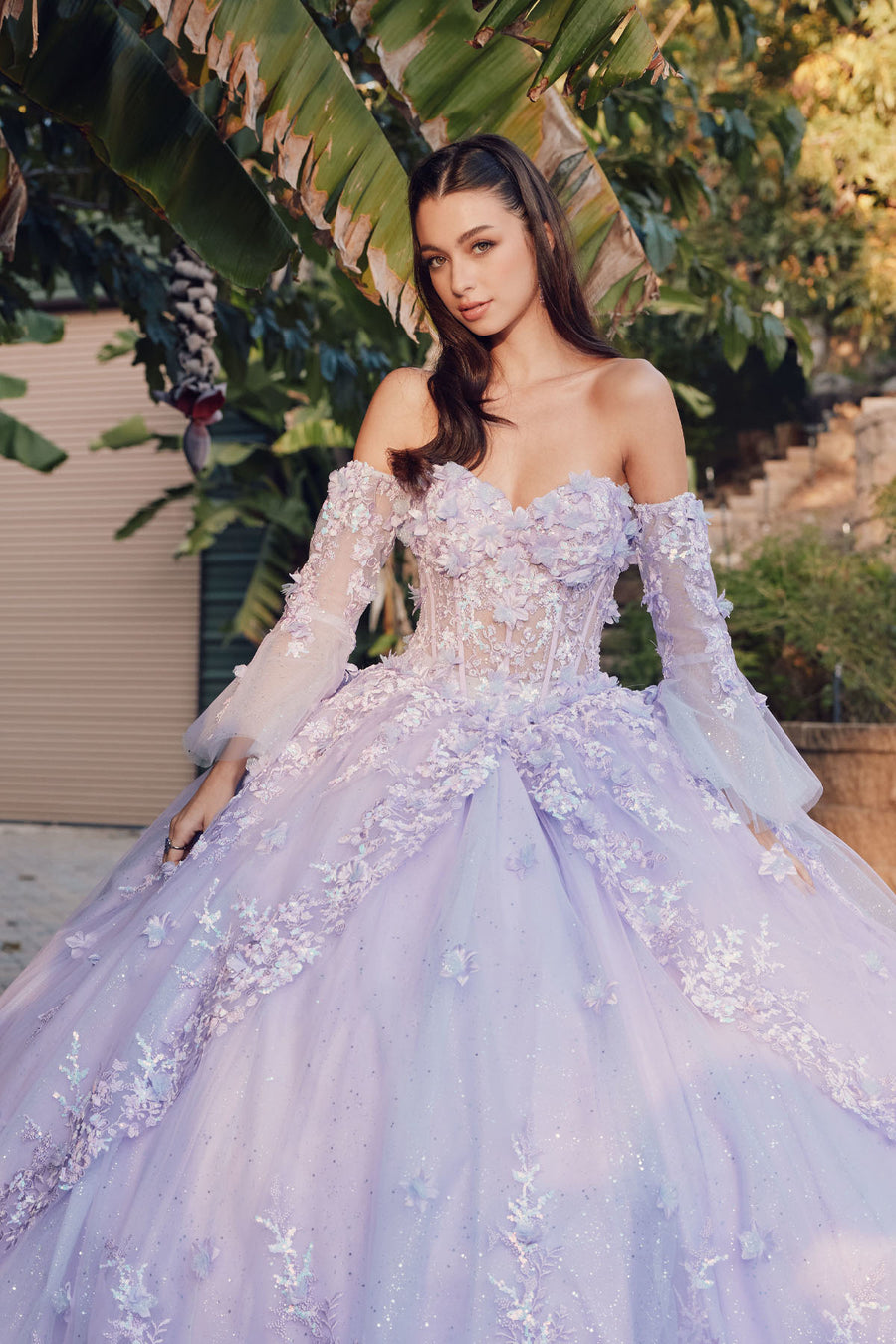 Quinceniera Dresses  3D Floral Corset With Matching Lace Gloves Quinceanera Ball Gown Lilac