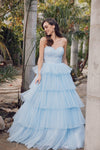 Prom Dresses Long Formal Ruffle Skirt Prom Gown Ice Blue