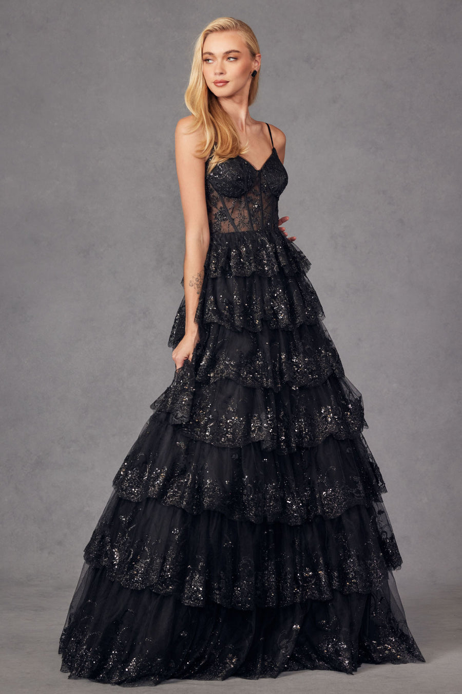 Prom Dresses  Ruffle Skirt Corset Bodice Long Formal Prom Gown Black