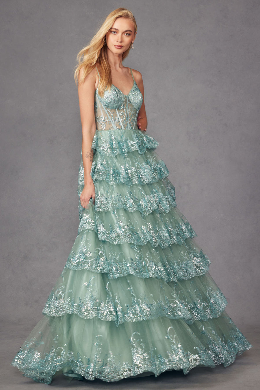 Prom Dresses  Ruffle Skirt Corset Bodice Long Formal Prom Gown Sea Green