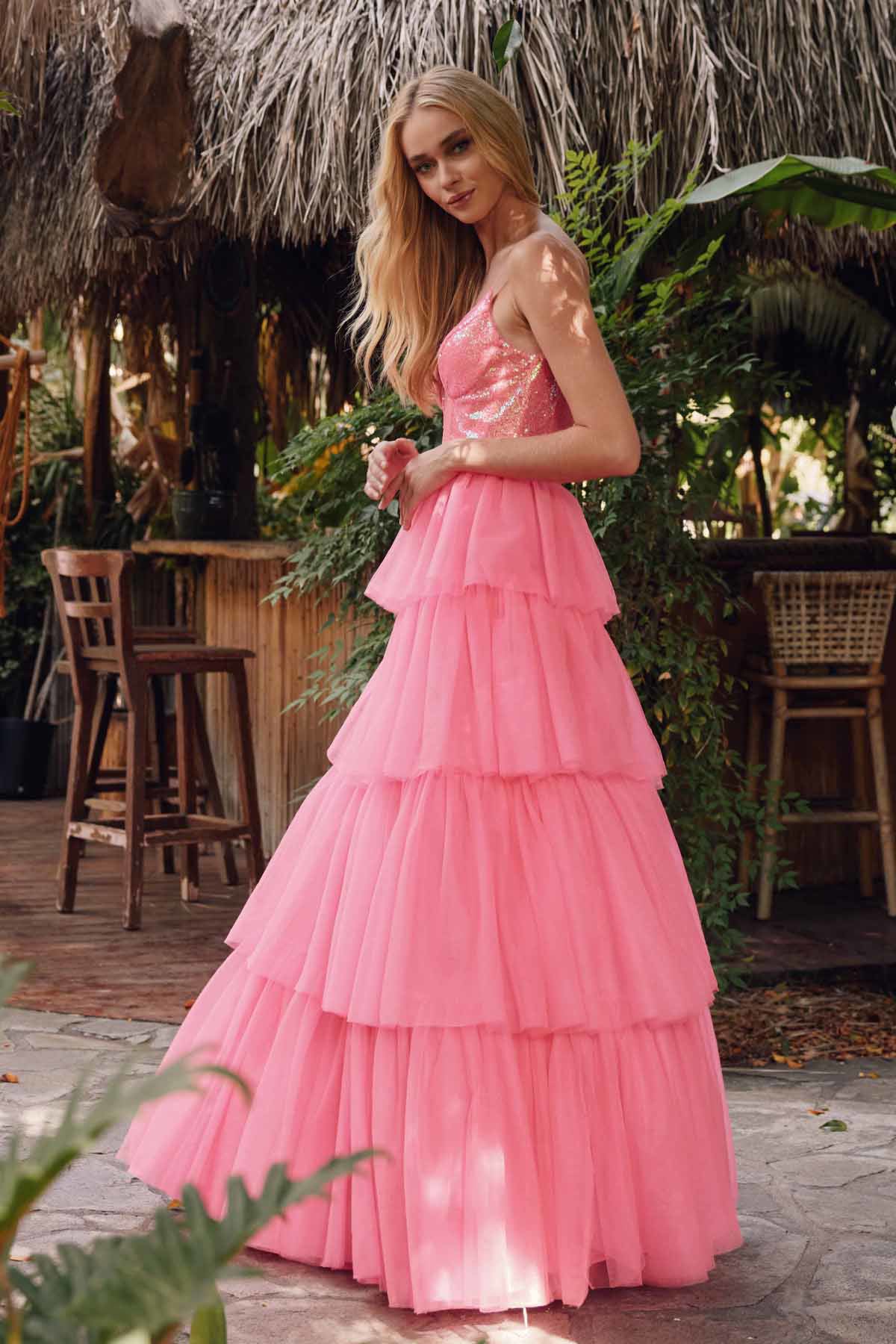 Prom Dresses Long Prom Formal Ruffle Skirt Ball Gown Bright Fuchsia