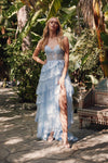 Prom Dresses Ruffle Skirt Fitted Corset Bodice Long Slit Prom Dress Powder Blue