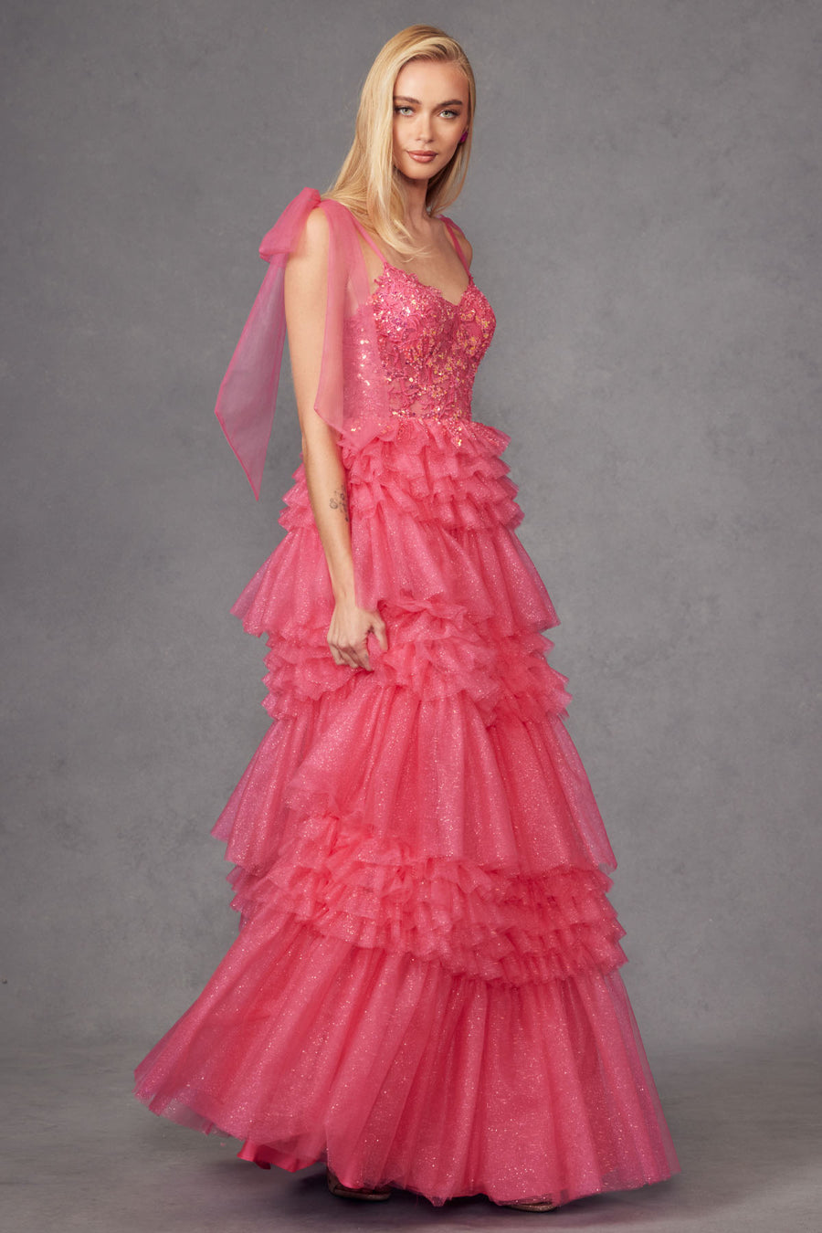 Prom Dresses Tiered Ruffle Skirt Long Formal Prom Gown Fuchsia