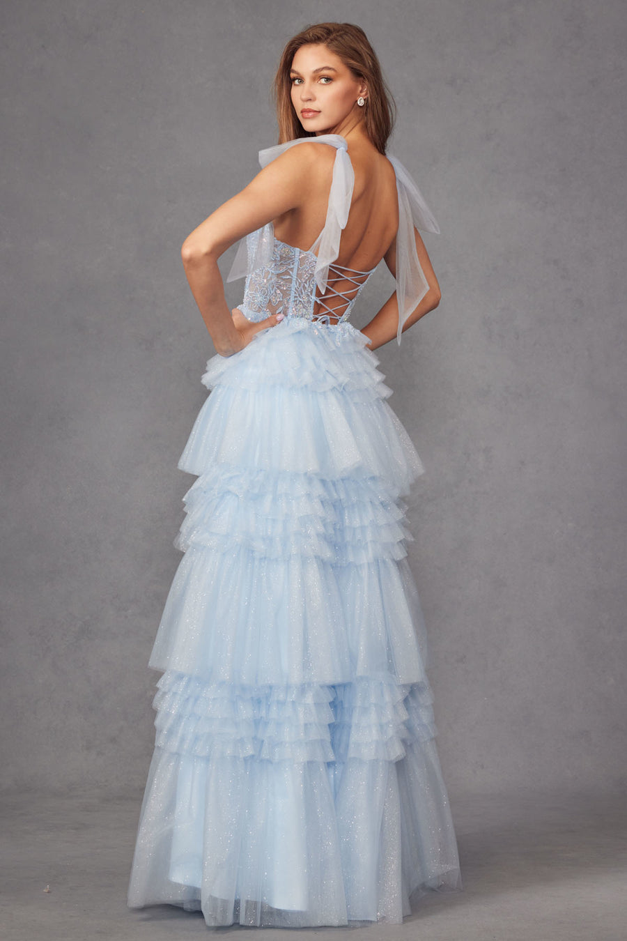 Prom Dresses Tiered Ruffle Skirt Long Formal Prom Gown Ice Blue