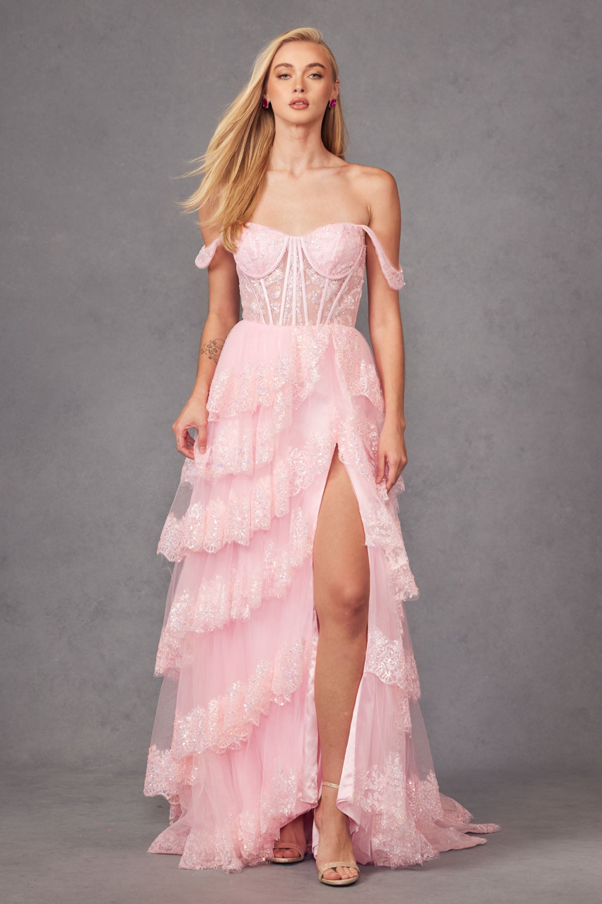 Prom Dresses Long Ruffle Skirt Corset Prom Gown Ice Pink