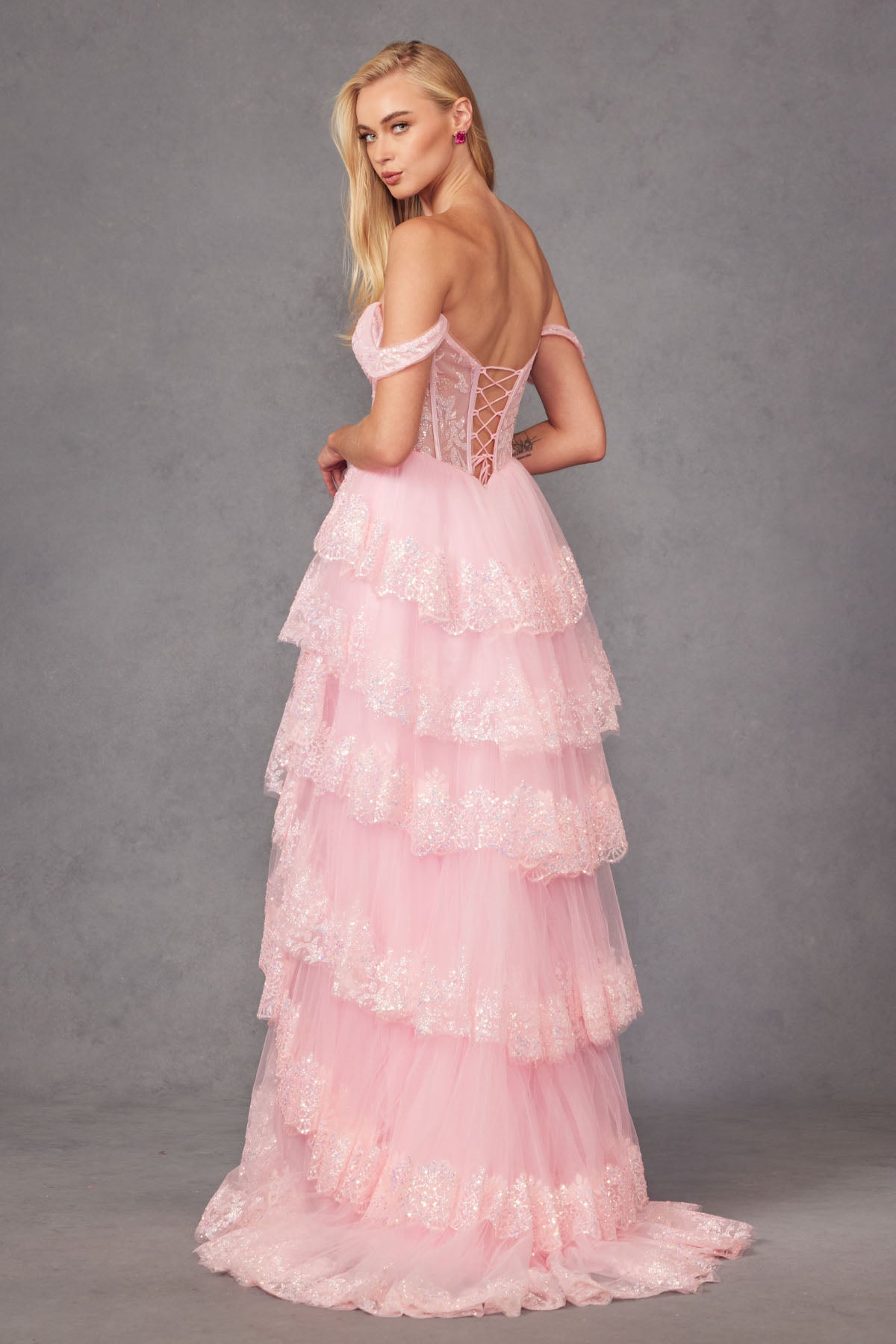 Prom Dresses Long Ruffle Skirt Corset Prom Gown Ice Pink