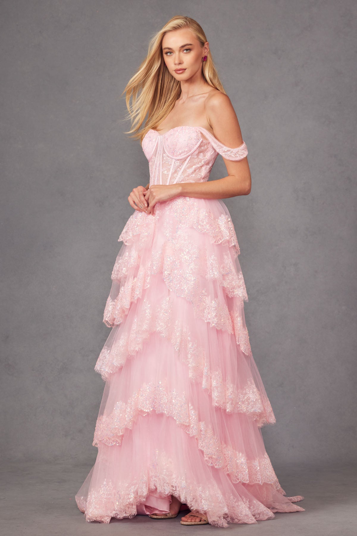 Prom Dresses Long Ruffle Skirt Corset Prom Gown Ice Pink