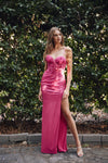 Prom Dresses Fitted 3D Floral Corset Slit Prom Gown Magenta