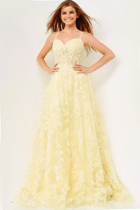 Jovani Spaghetti Sweetheart Neckline Long Prom Dress 06474 Light Yellow