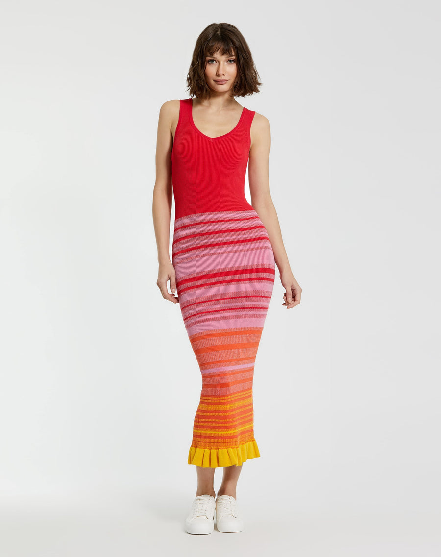 Formal Dresses Striped Fitted Knitted Tank Midi Dress Red