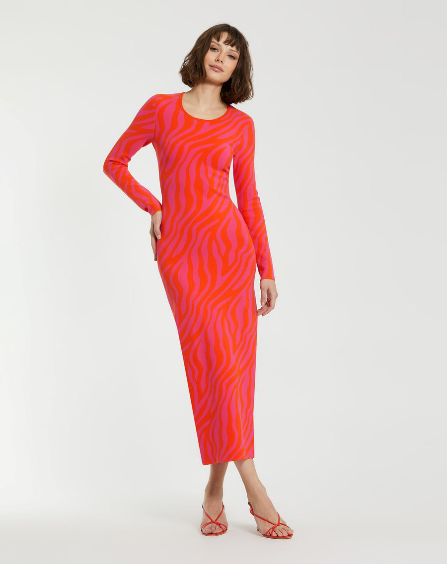 Formal Dresses Long Sleeve Zebra Printed Fitted Dress Hot Pink Sunset