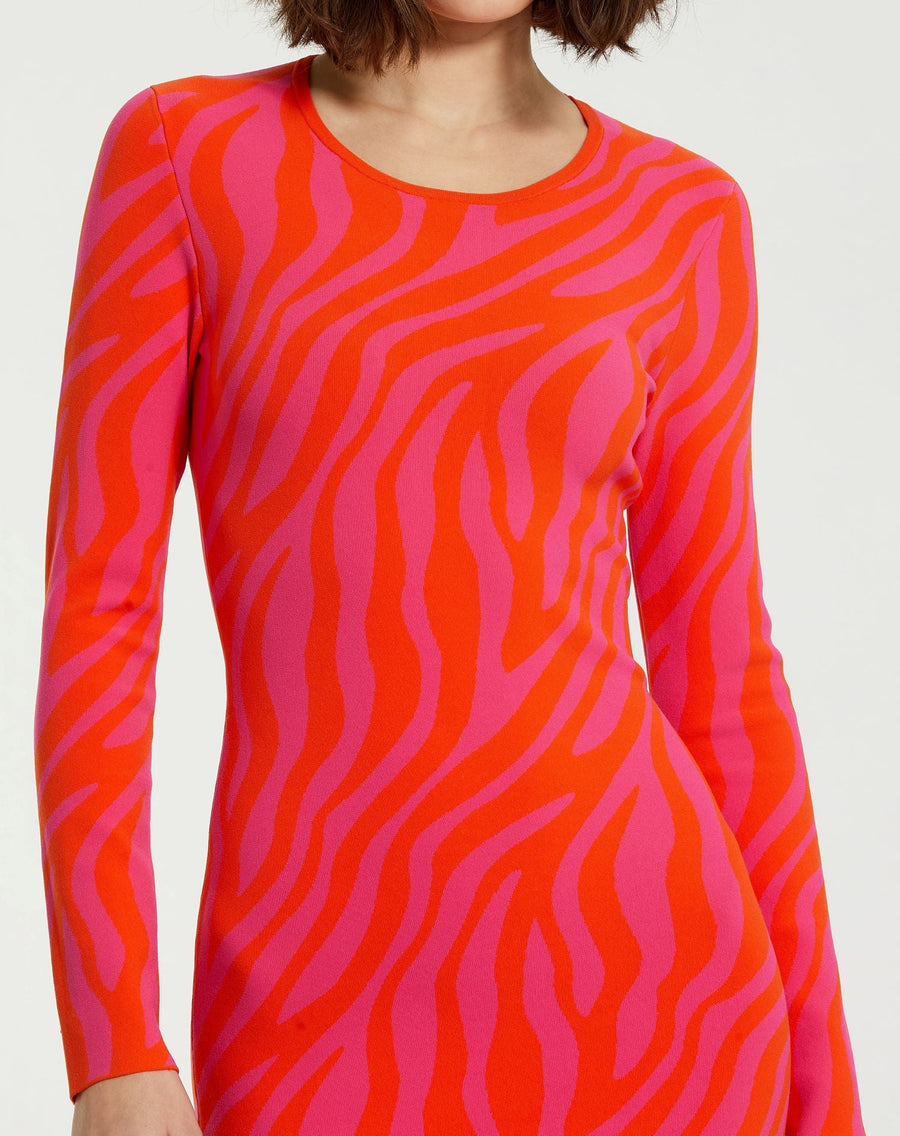 Formal Dresses Long Sleeve Zebra Printed Fitted Dress Hot Pink Sunset