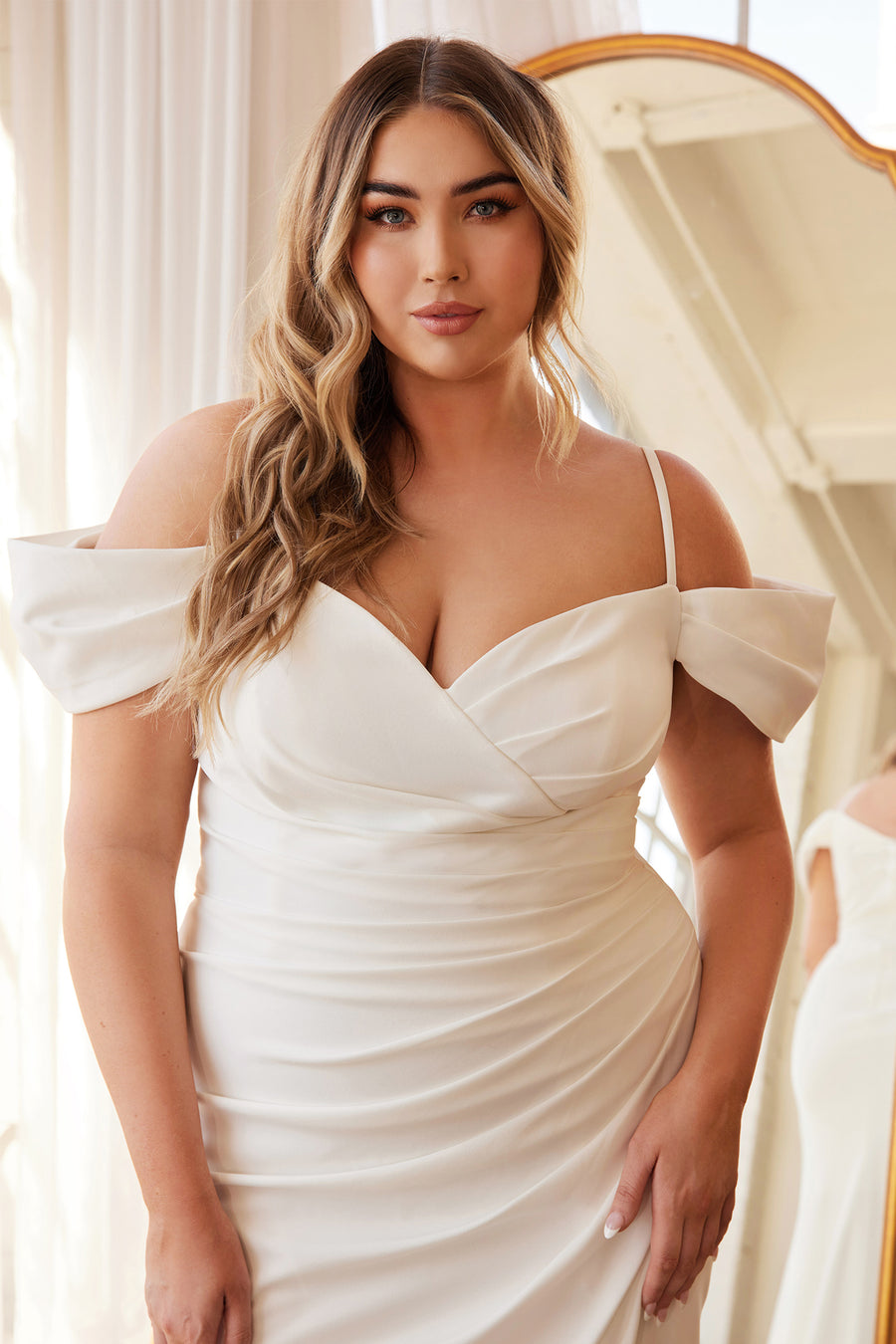 Off Shoulder Simple Wedding Gown Off White