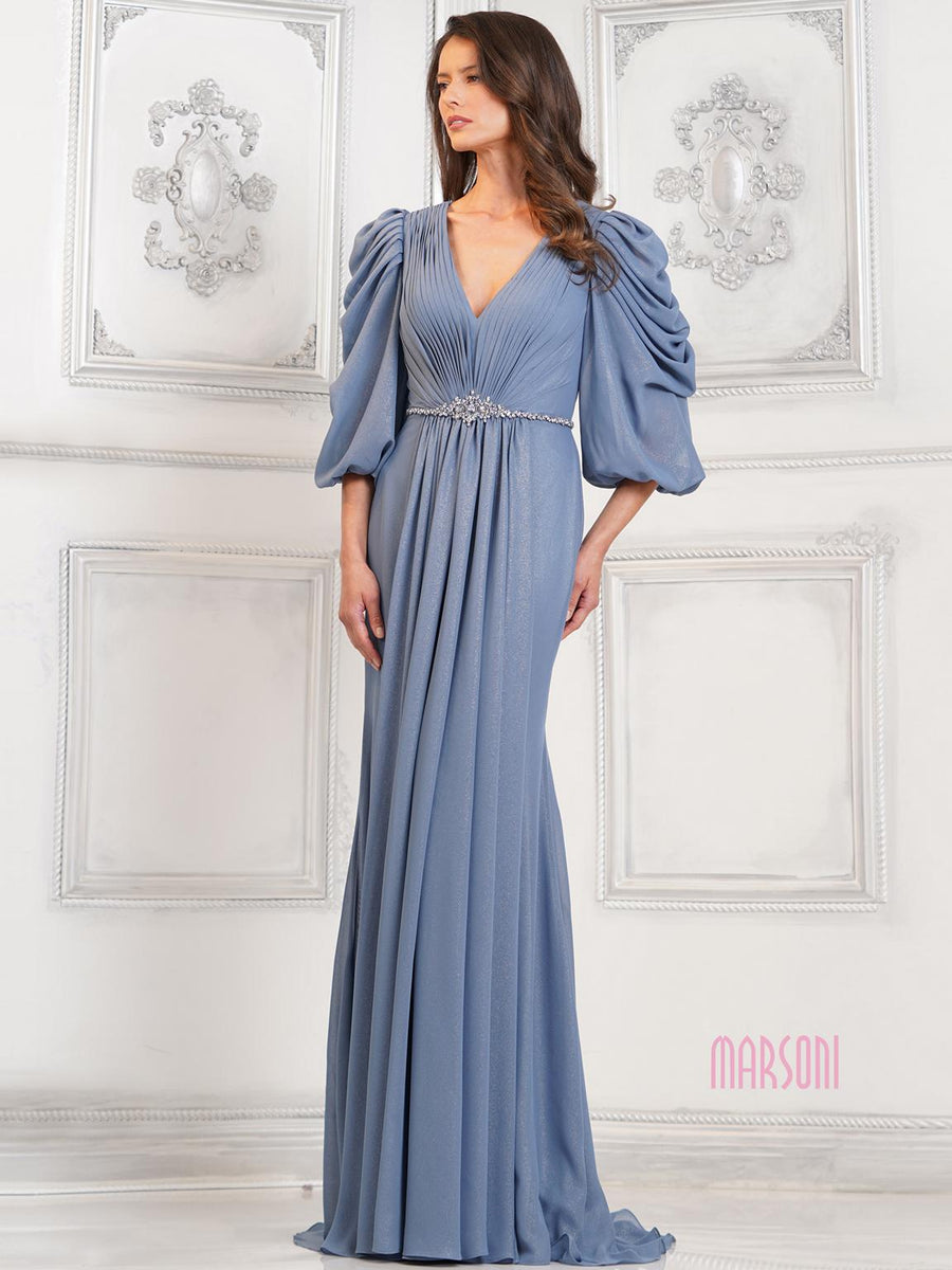 Mother of the Bride Dresses Long Mother of the Bride Beaded Waistline Dress Slate Blue