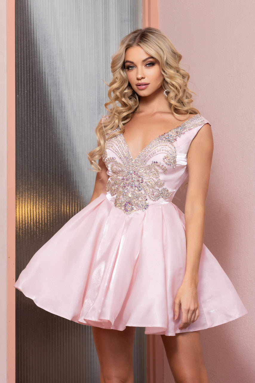 Cocktail Dresses Short Beaded Satin Cocktail Dress Pink