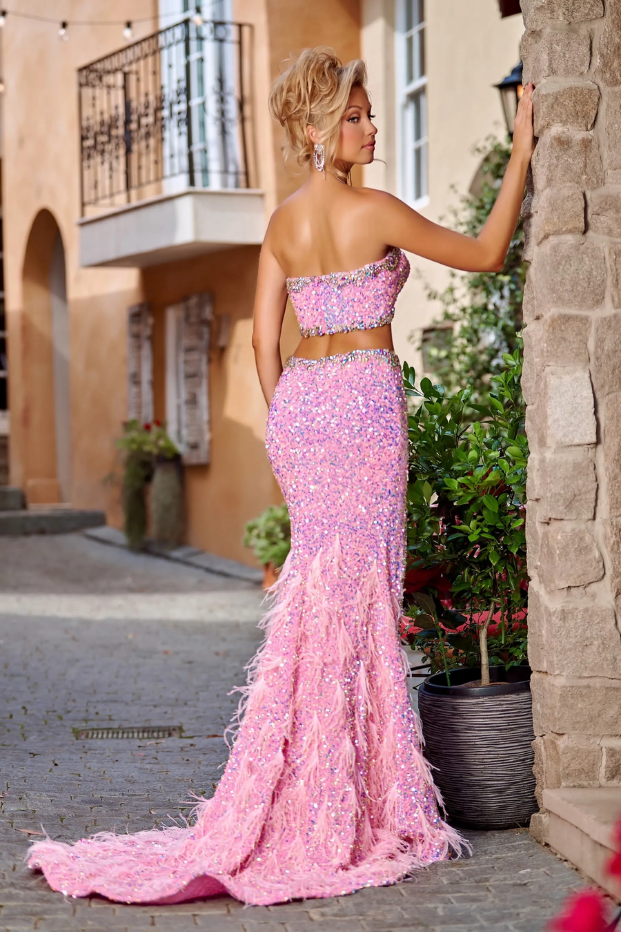 Prom Dresses Two Piece Sequins Long Prom Dress Pink