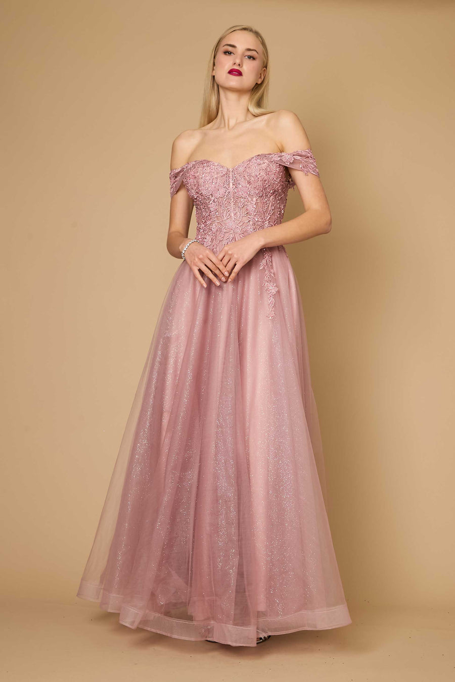 A stunning mauve long off-shoulder corset formal dress, elegantly draping to the floor with intricate detailing and a flattering silhouette.