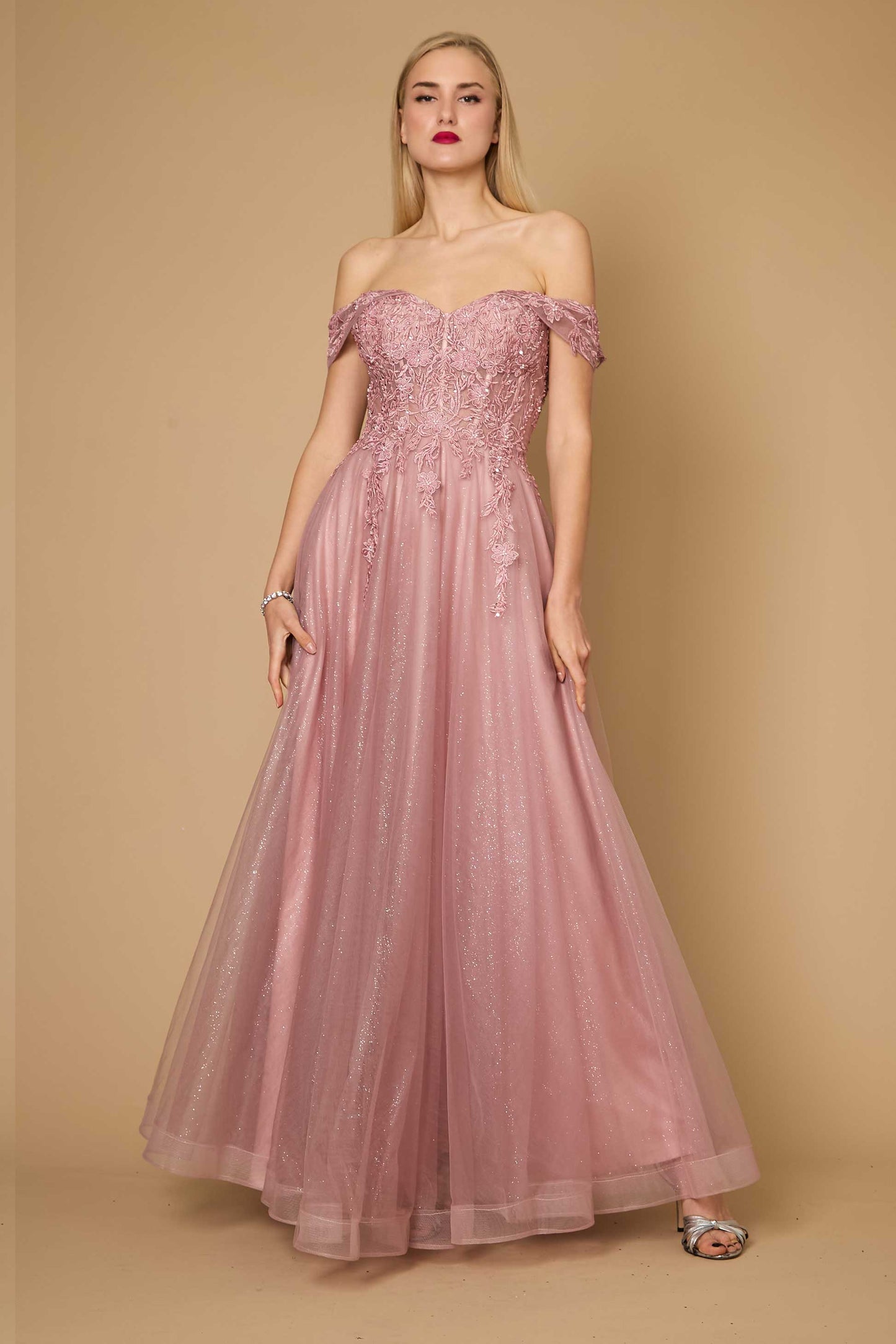 A stunning mauve long off-shoulder corset formal dress, elegantly draping to the floor with intricate detailing and a flattering silhouette.