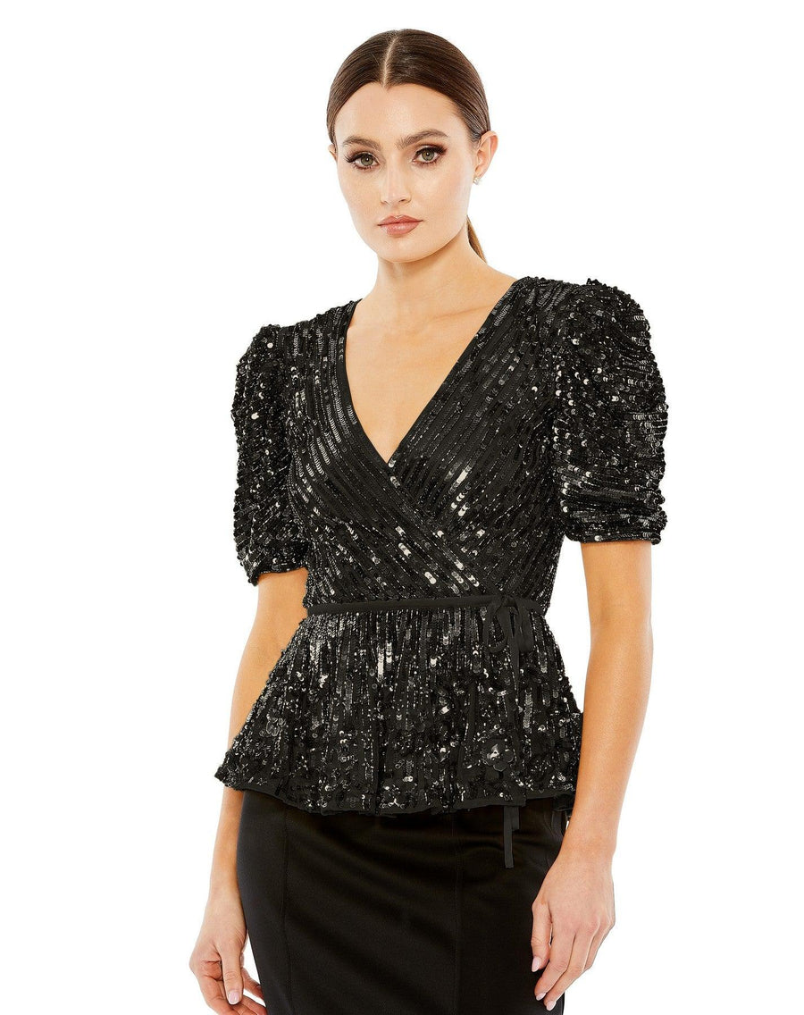 Top Formal Beaded Sequin Short Sleeve Top Black