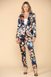 Pant Suit Floral Satin Print Jacket Pant Set Navy Coral