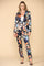 Pant Suit Floral Satin Print Jacket Pant Set Navy Coral