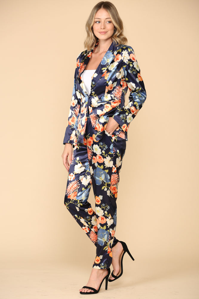 Pant Suit Floral Satin Print Jacket Pant Set Navy Coral