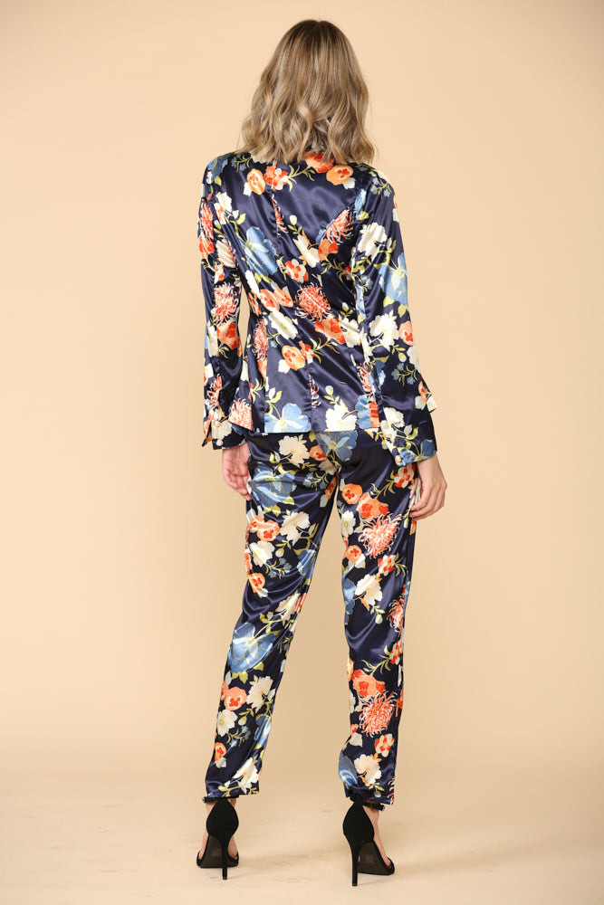 Pant Suit Floral Satin Print Jacket Pant Set Navy Coral