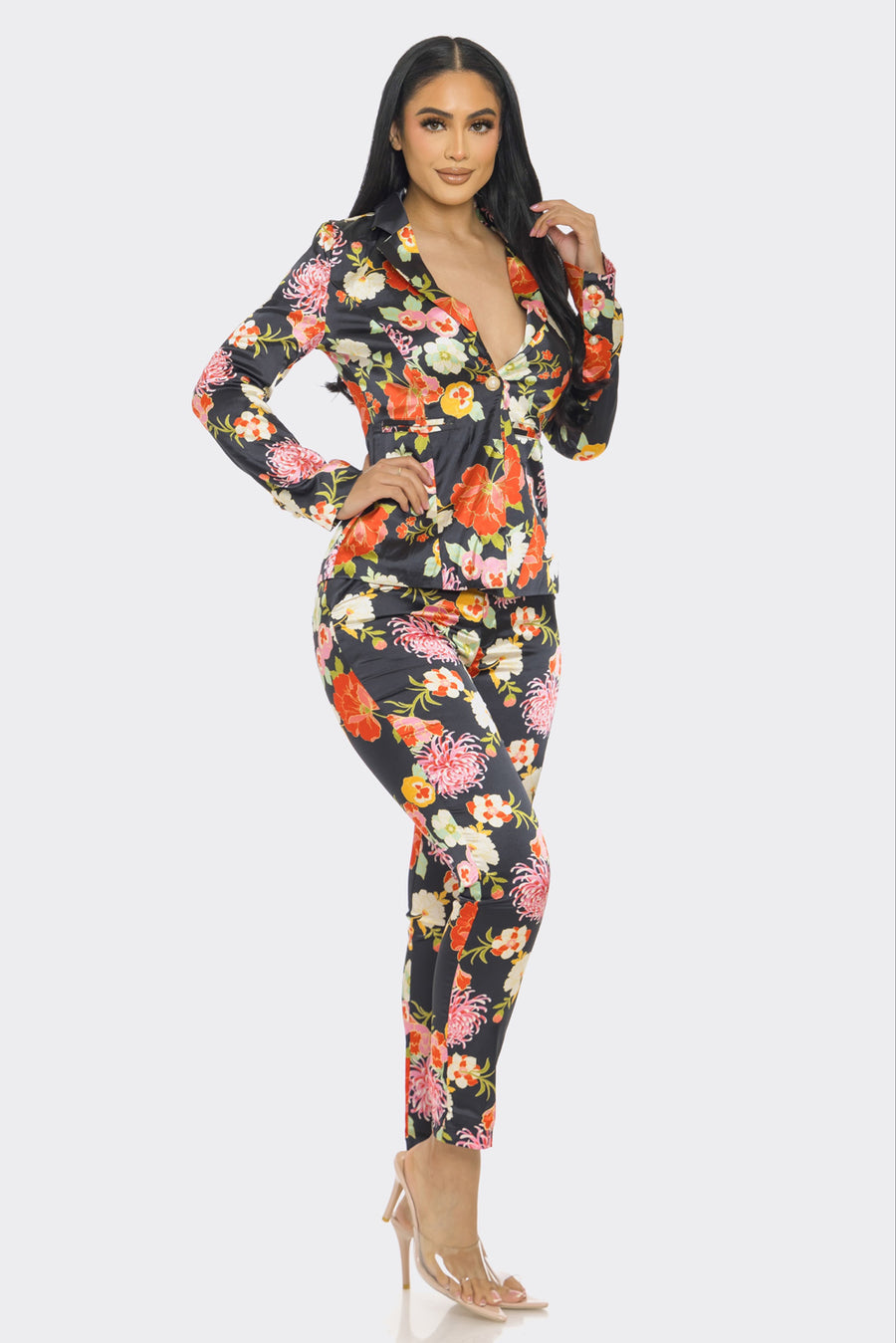 Pant Suit Floral Satin Print Jacket Pant Set Black