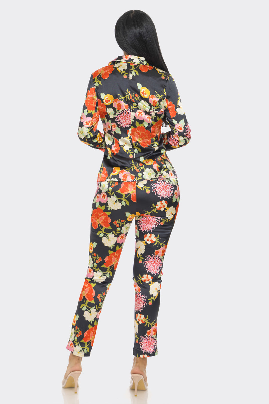 Pant Suit Floral Satin Print Jacket Pant Set Black