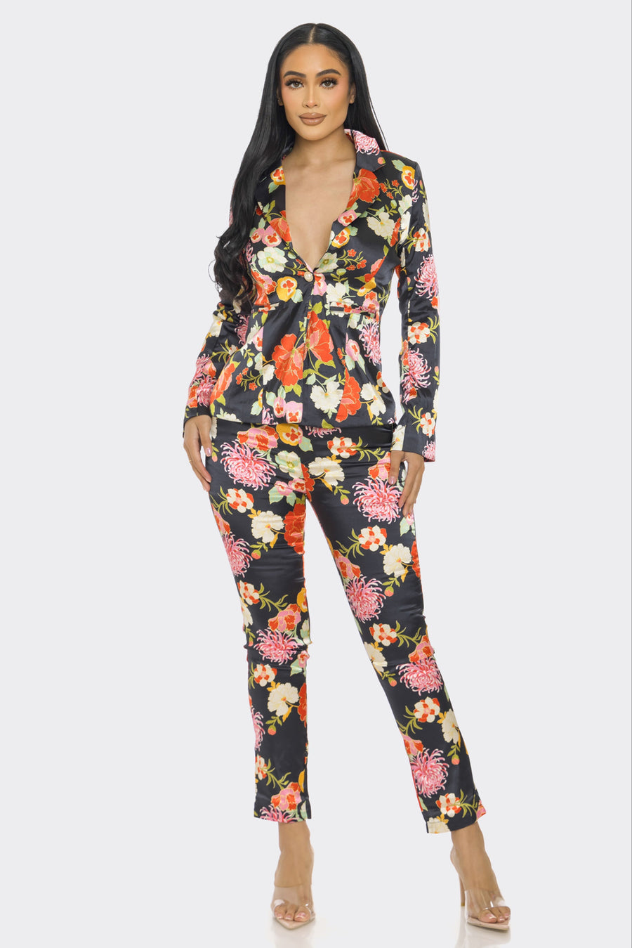 Pant Suit Floral Satin Print Jacket Pant Set Black