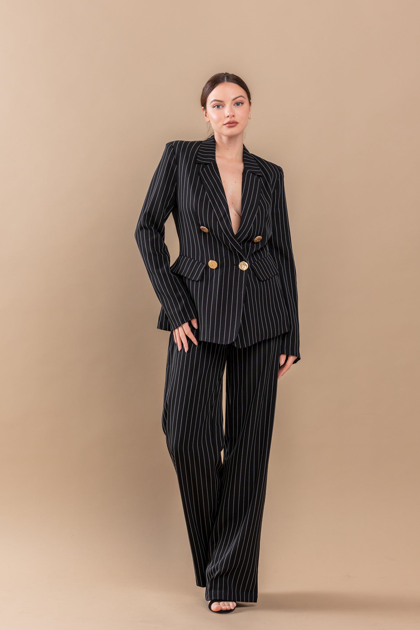 Pant Suit Stripe Jacket Pant Set Black