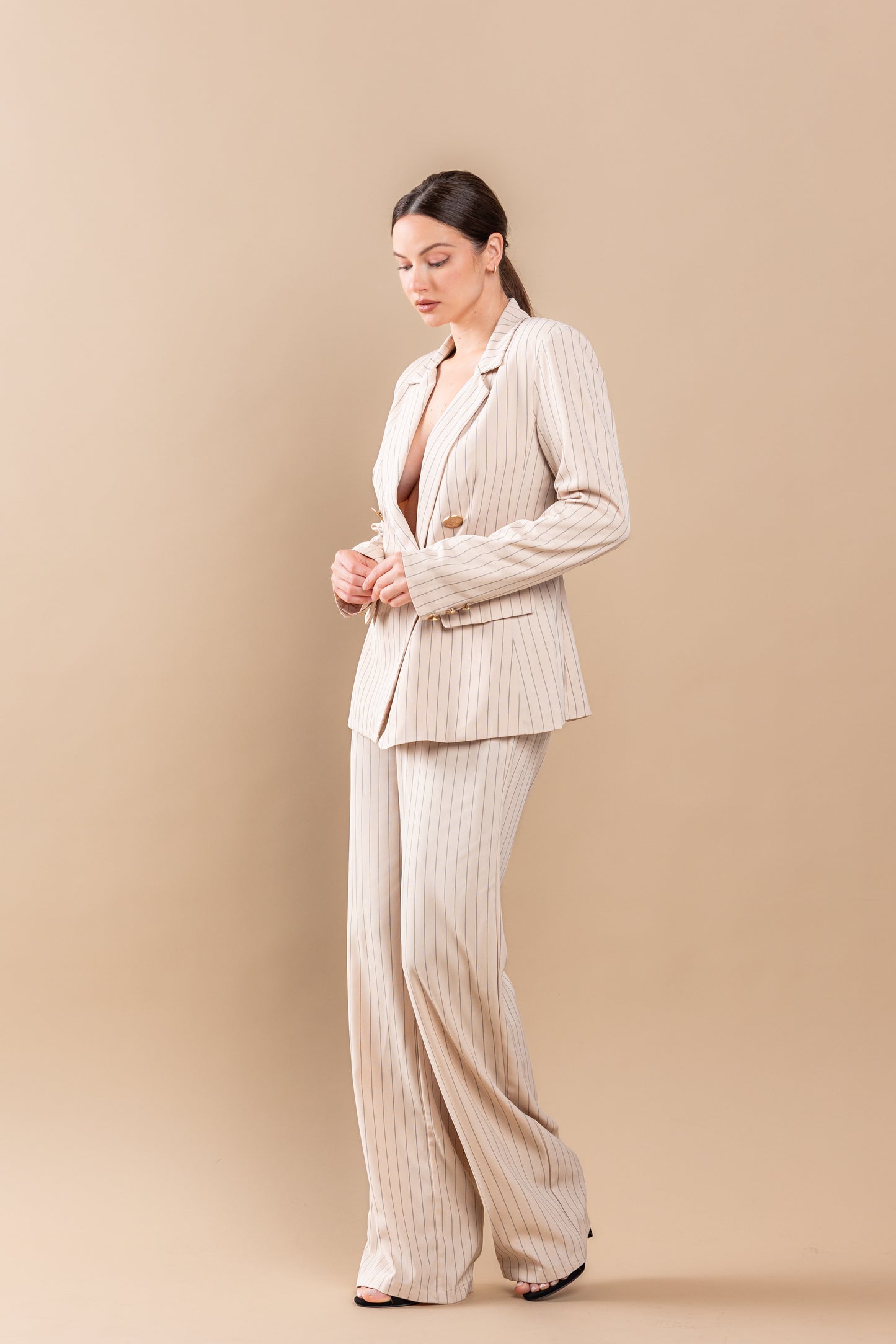 Pant Suit Stripe Jacket Pant Set Taupe