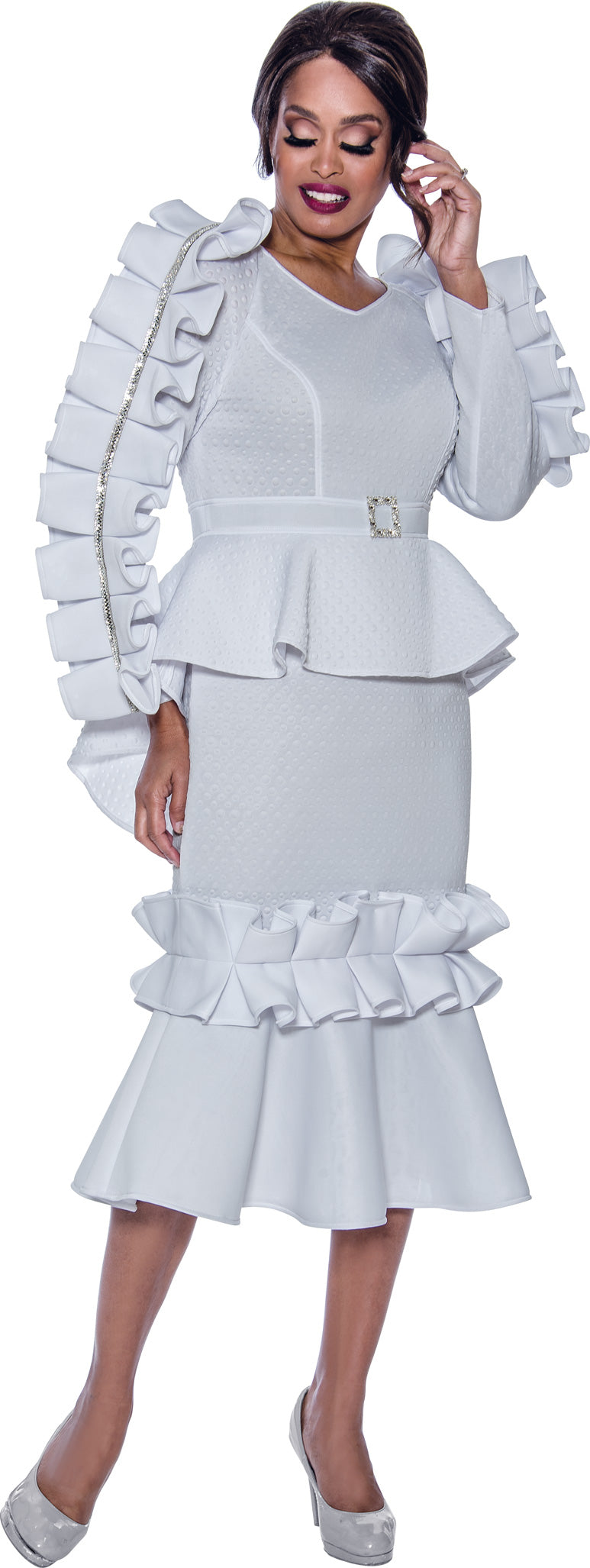 Mother of the Bride Dresses Ruffle Mother of the Bride Long Sleeve Dress White