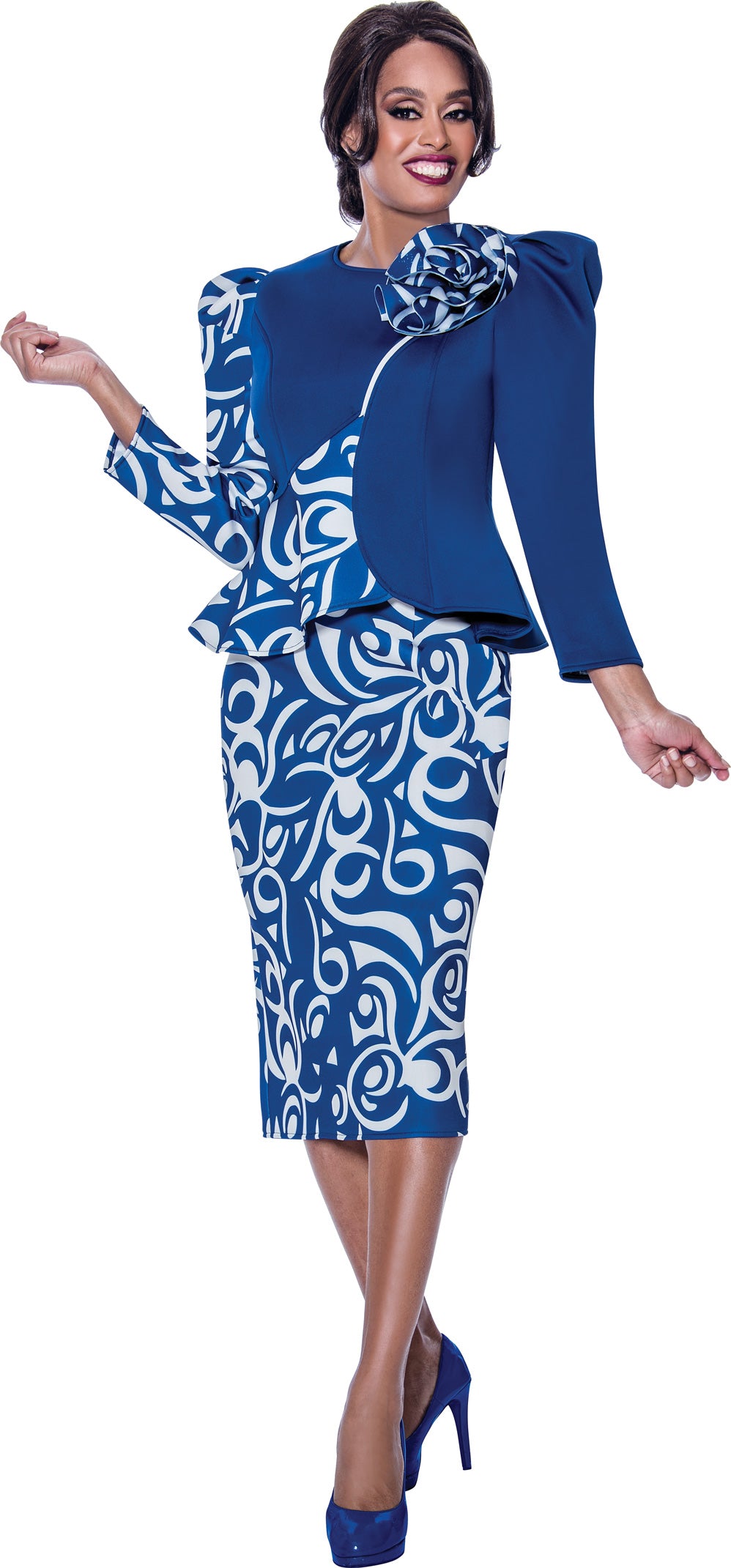 Plus Size Dresses Plus Size Mother of the Bride Printed Long Sleeve Dress Royal/White