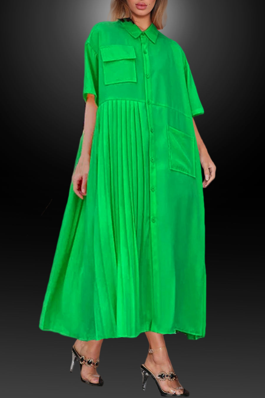 Formal Dresses Short Sleeve Button Down Pockets Pleated Midi Dress Green