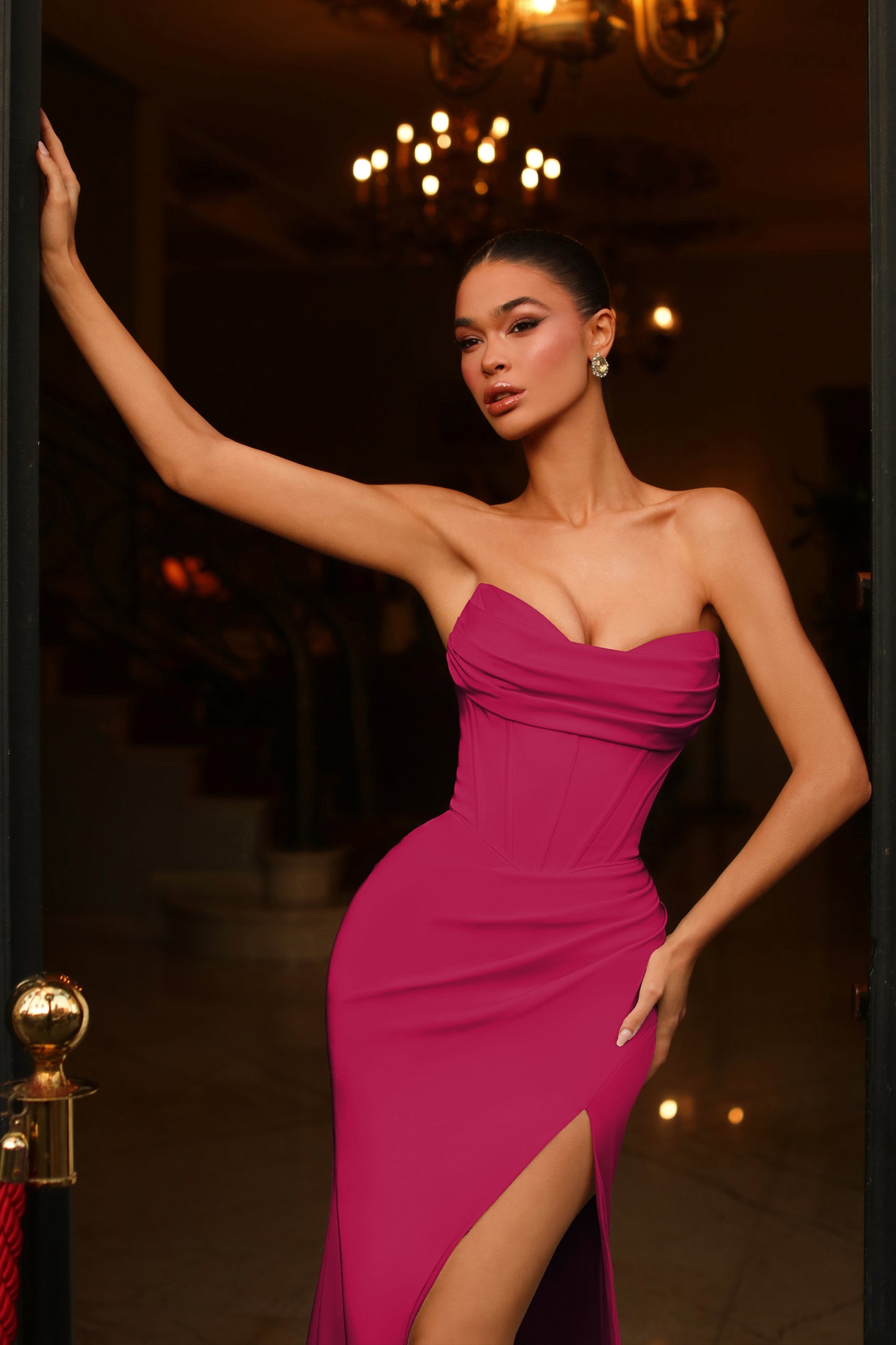 Prom Dresses Pleated Slit Long Formal Prom Dress Dark Fushia