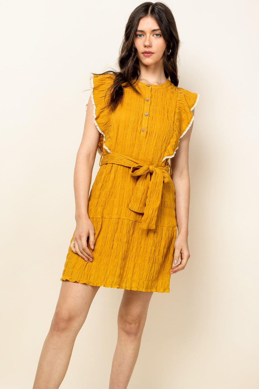 Cocktail Dresses Short Ruffle Plead Dress Mustard