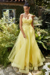 Andrea & Leo A1142 Spaghetti Strap Floral Applique Prom Dress Yellow