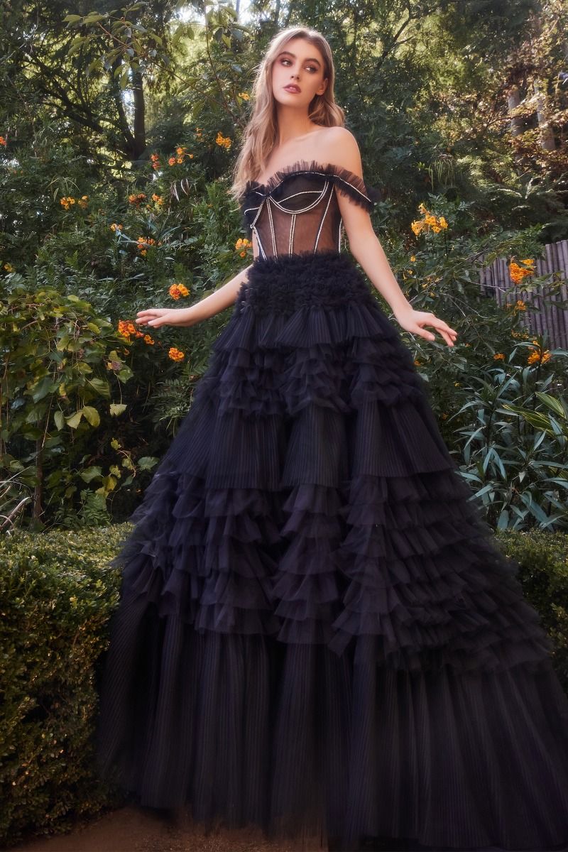 Andrea & Leo A1150 Strapless Ruffle Tulle Gown Black