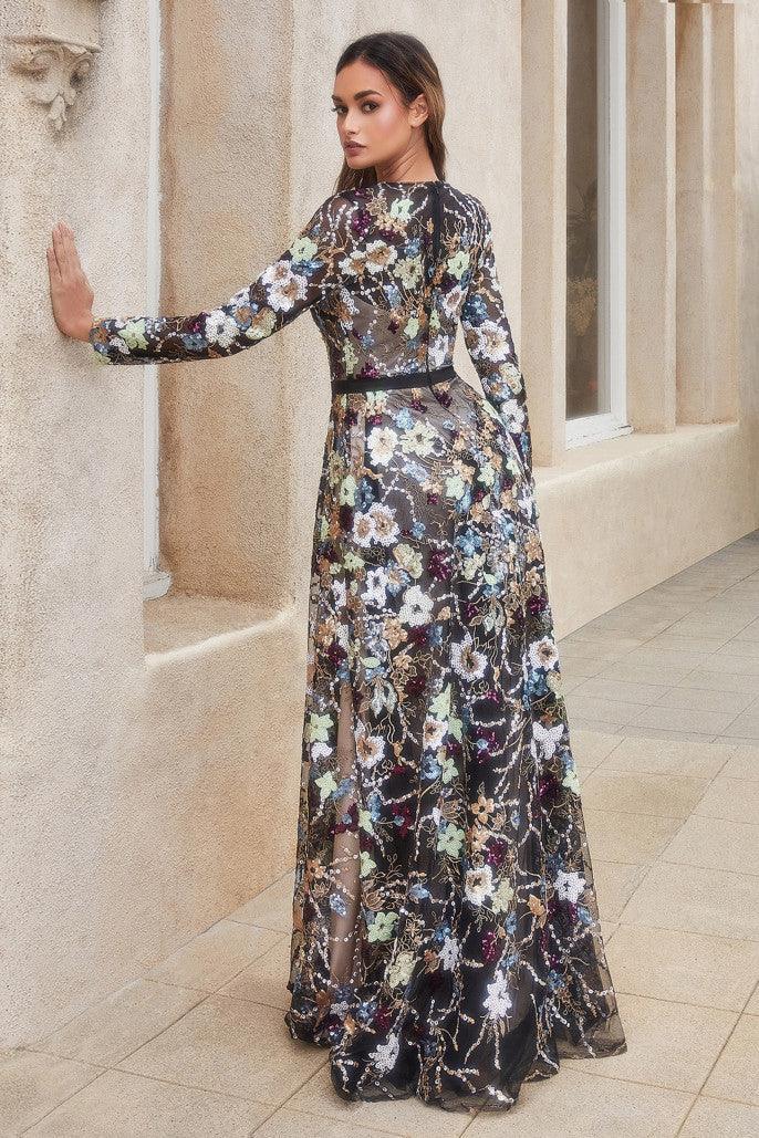 Andrea & Leo A1166 Floral Print Long Sleeve Formal  Dress Multi 2