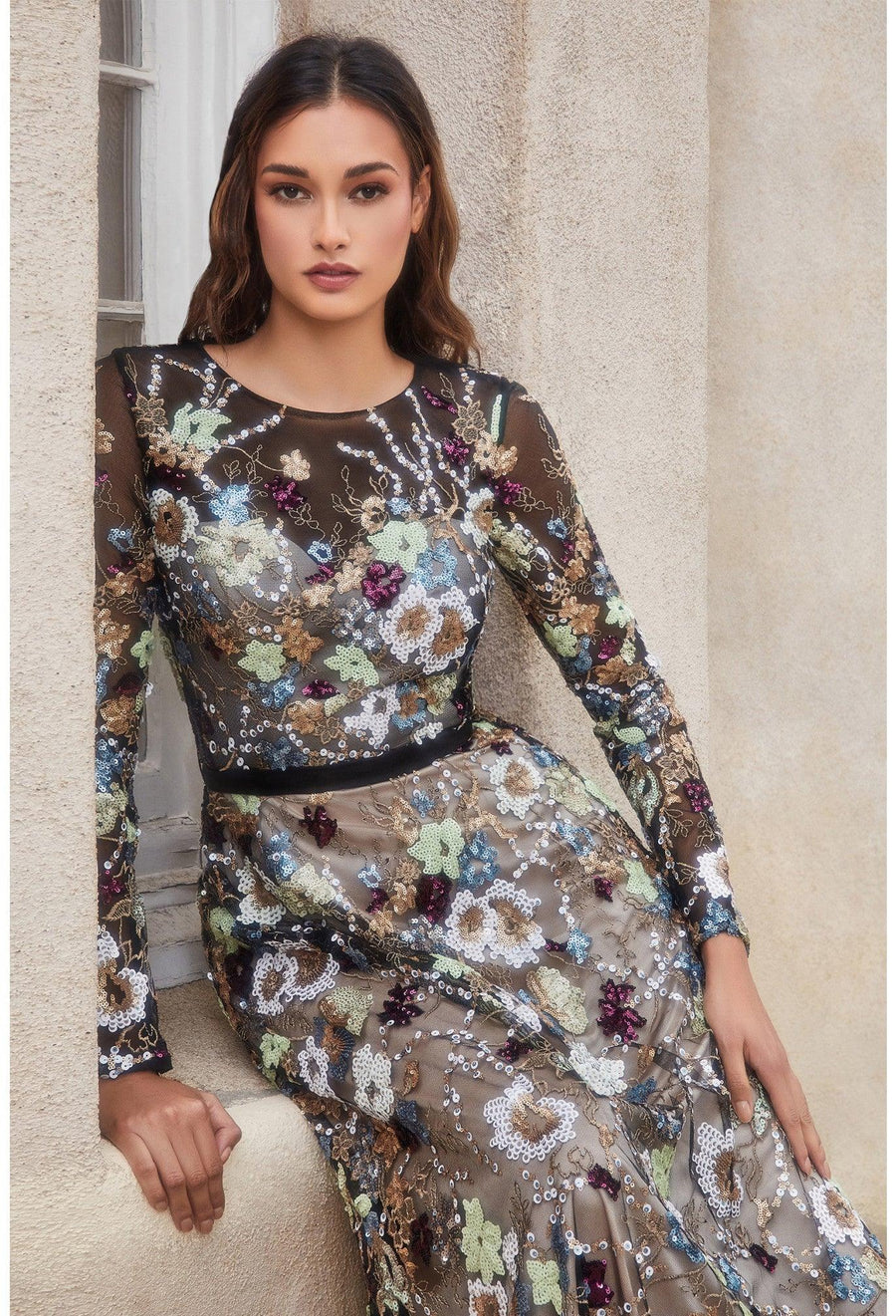 Andrea & Leo A1166 Floral Print Long Sleeve Formal  Dress Multi 3