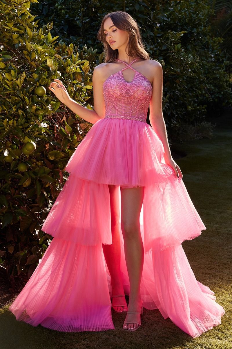 Prom Dresses High Low Beaded Formal Prom Halter Dress Peony Pink