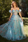 Prom Dresses Floral Print Long Formal Prom Pleated Dress Blue