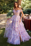 Prom Dresses Ruffle Floral Print Long Formal Prom Dress Lavender