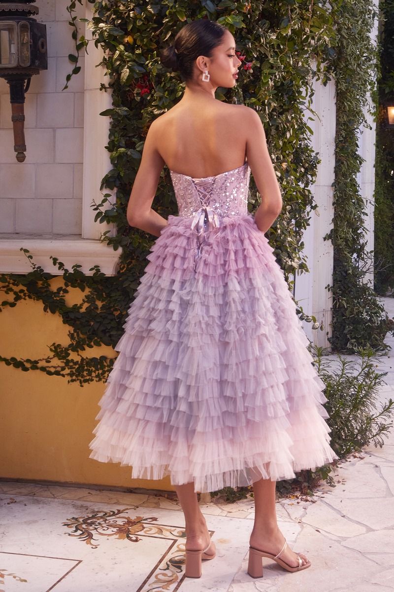 Cocktail Dresses Ombre Ruffled Cocktail Tea Length Dress Dusty Lavender