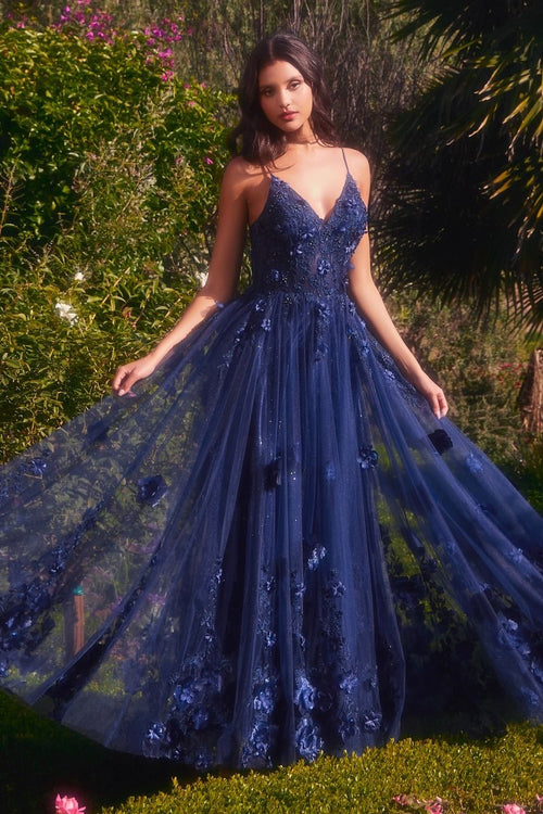 Navy blue flowy prom dress best sale