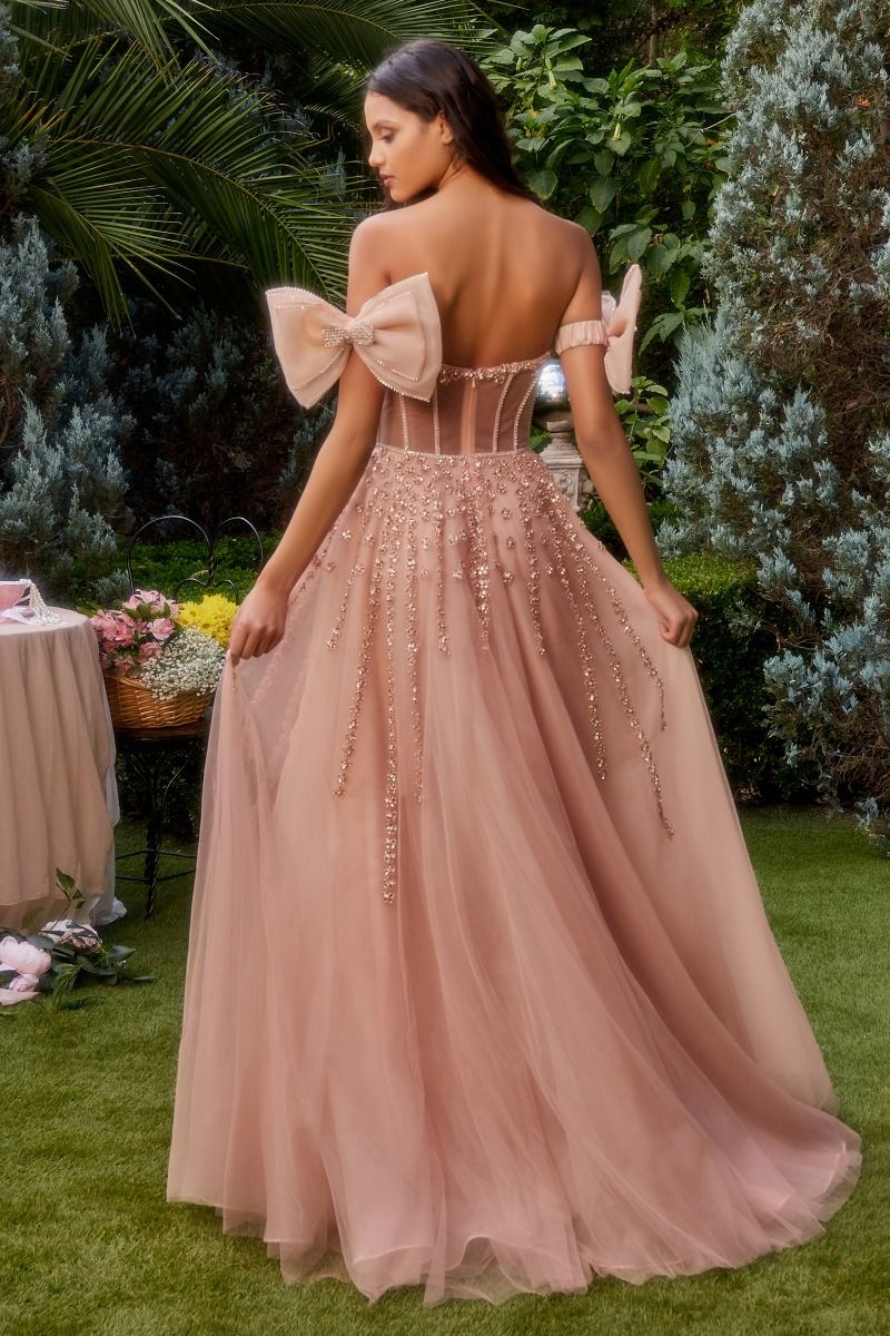 Prom Dresses Bow Sleeve Formal Prom Long Dress Rose Gold