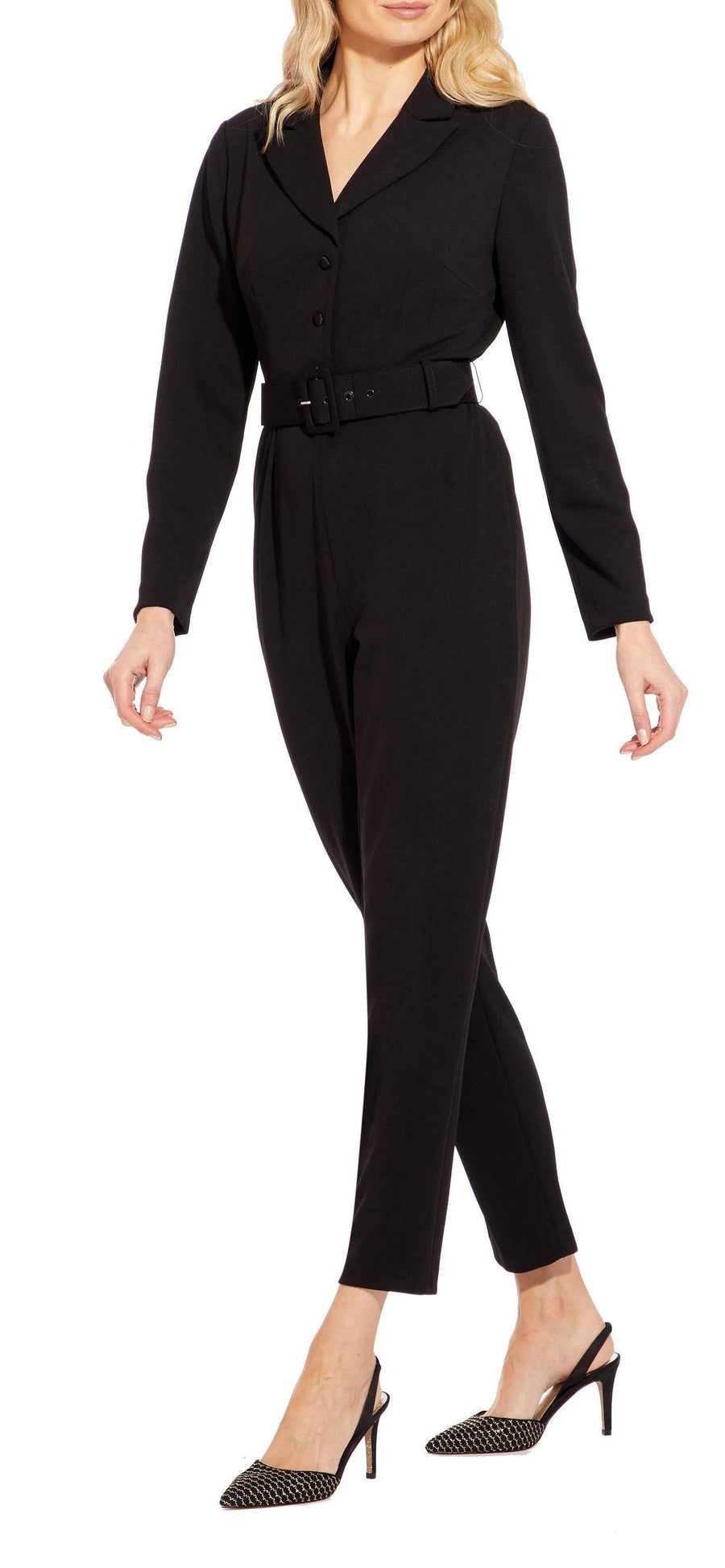 Adrianna Papell Long Sleeve Belted Solid Stretch Crepe Jumpsuit - The Dress Outlet Adrianna Papell